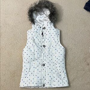 Burton White Polka Dot Vest with Faux Fur Hood
